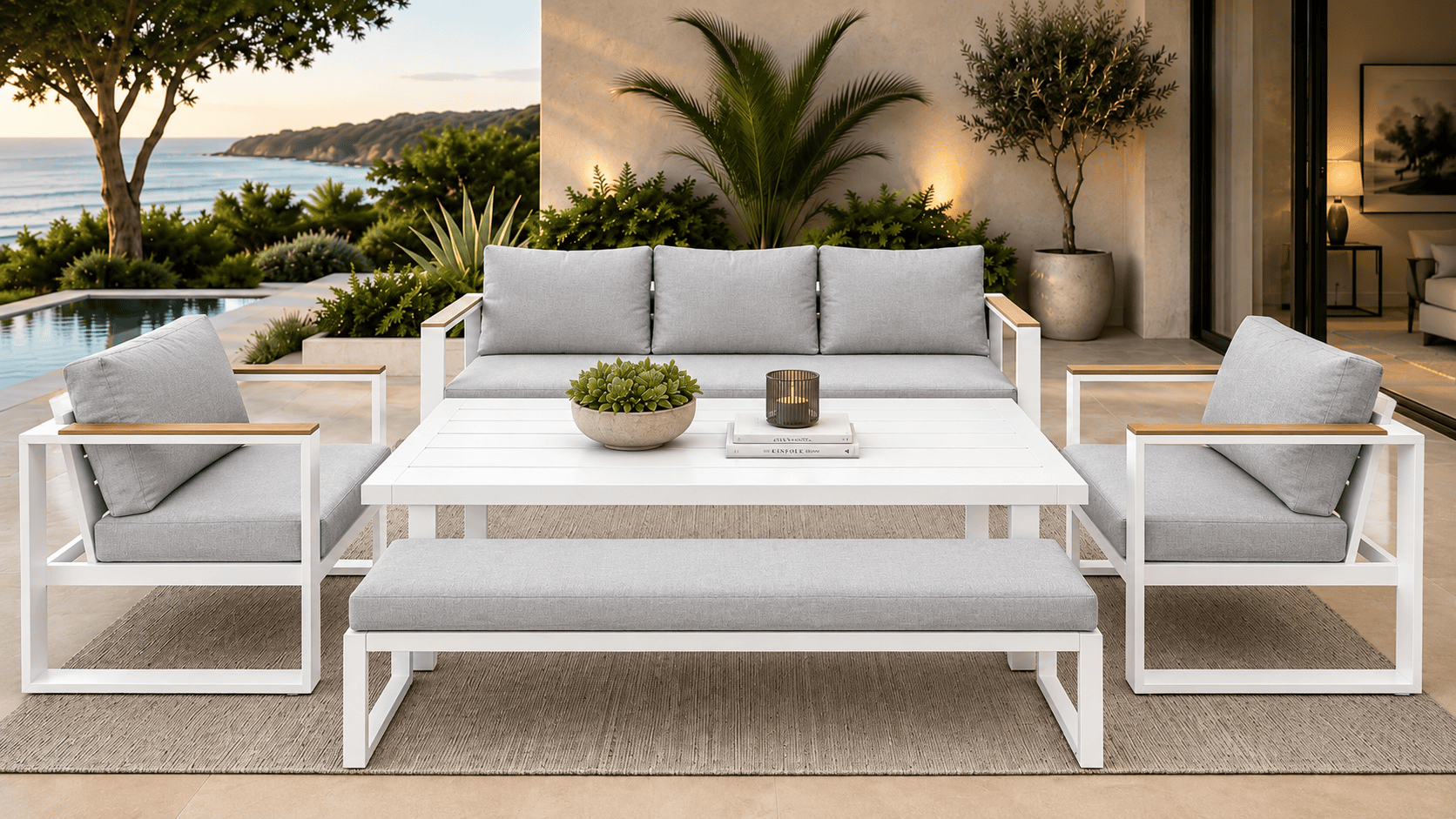 0063c7d8-af08-473c-bbd9-0767f559a751 Abbotsford 3+1+1 Seater Outdoor Aluminium Lounge and Dining Setting-White - Image 1