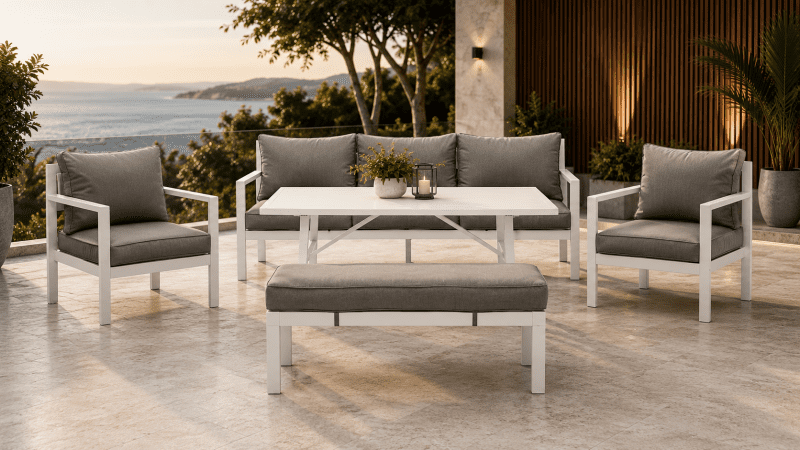 Aspen 3+1+1 Seater Outdoor Aluminium Lounge and Dining Setting-White