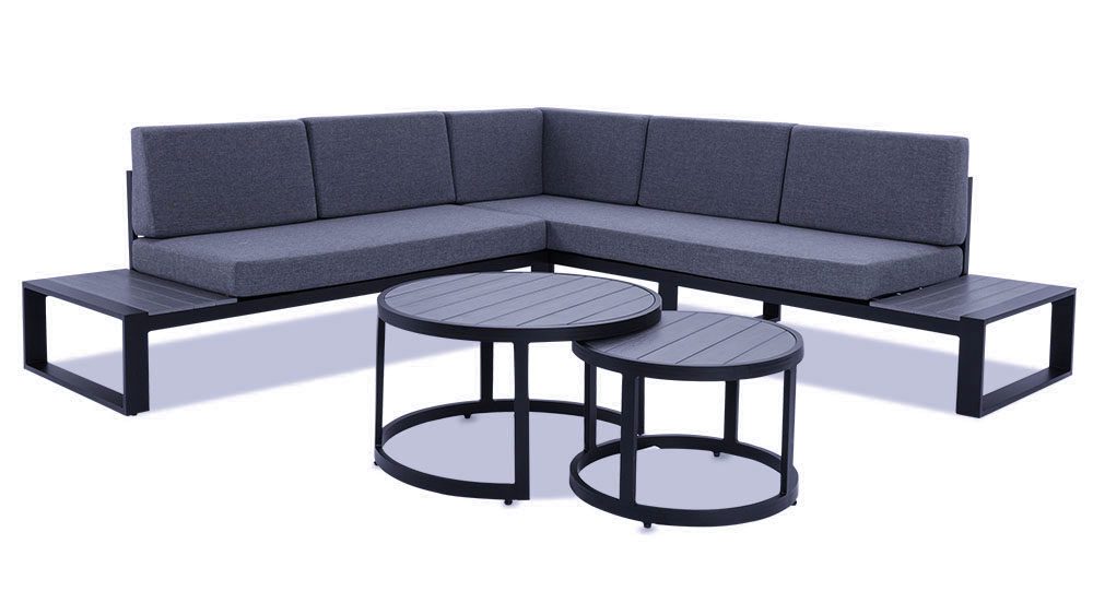 10.21家具1000X563画板 6 Norma 5 Seater Outdoor Platform Lounge Setting & Two Round Coffee Tables -Black - Image 2