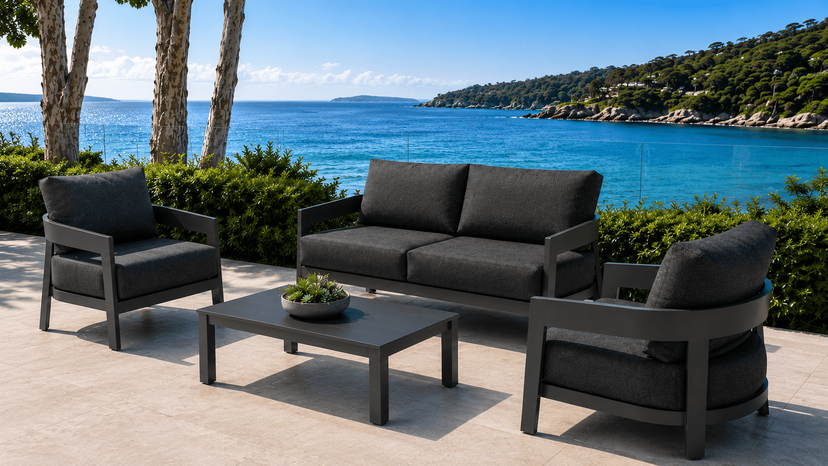 1000x563 8 Gordon 2+1+1 Outdoor Aluminium Outdoor Lounge Set with Coffee Table - Gunmetal - Image 1