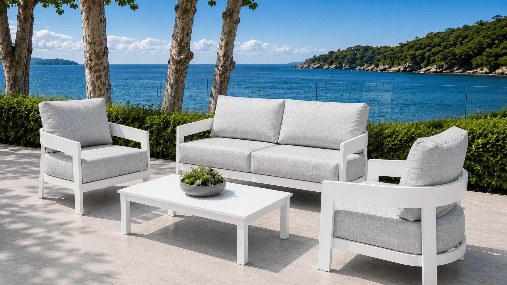 1000x563 85 Gordon 2+1+1 Outdoor Aluminium Outdoor Lounge Set with Coffee Table – White - Image 1