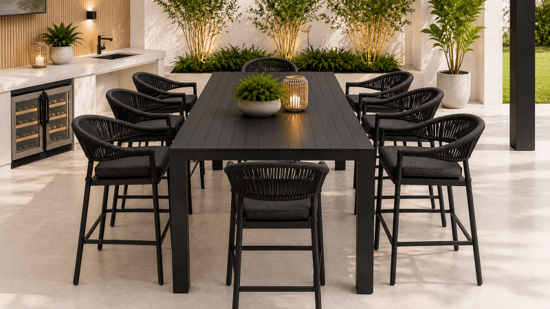 Avalon Outdoor 2m Rectangle Aluminium Bar Table with 8 Regent Bar Stools -Charcoal