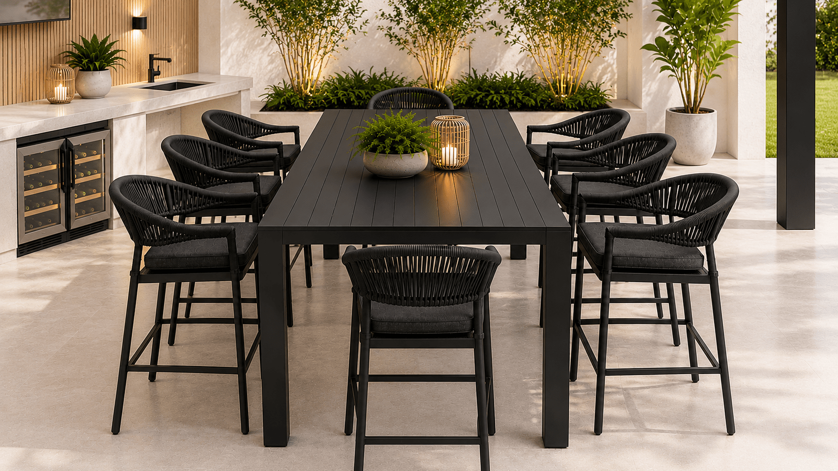 1000x563 Avalon Regent Bar Avalon Outdoor 2m Rectangle Aluminium Bar Table with 8 Regent Bar Stools -Charcoal - Image 1