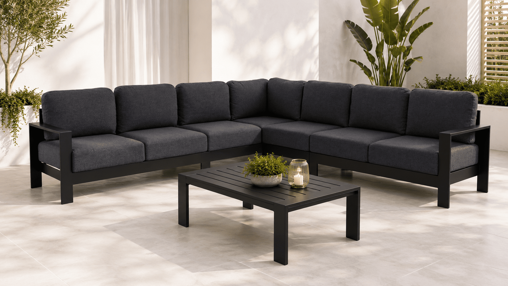 1000x563 maya corner black Maya 7 Seater Aluminium Outdoor Lounge Set & Coffee Table – Black - Image 1