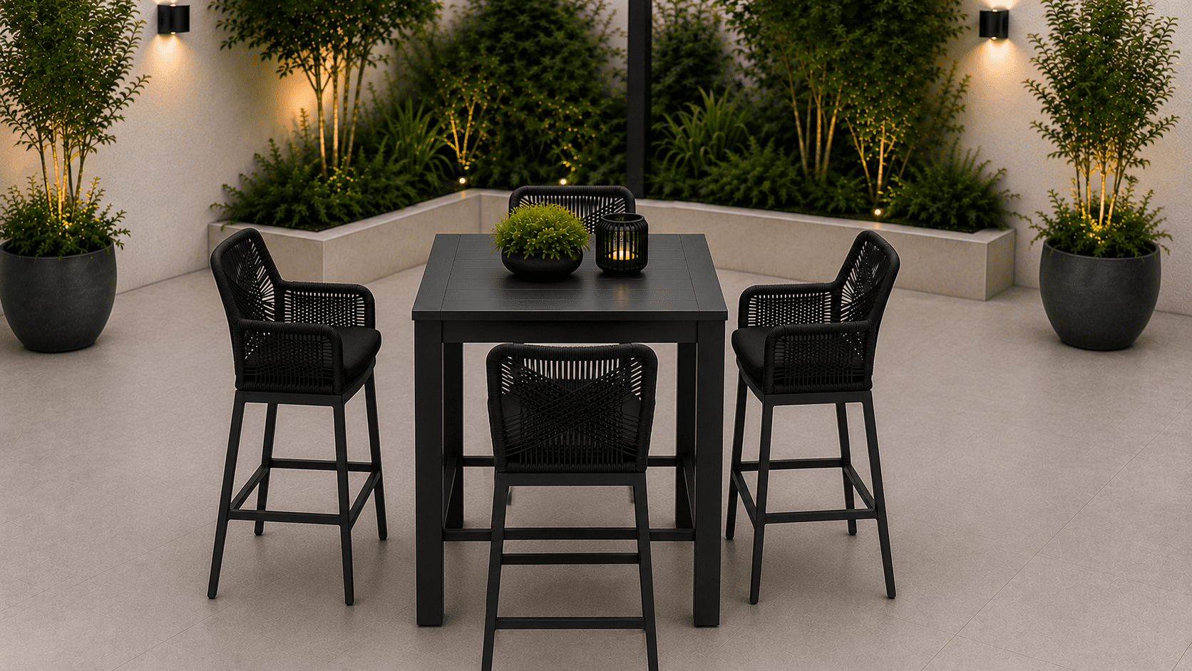 1000x563 Premium Quality Avalon Outdoor Square Aluminium Bar Table with 4 Boston Bar Stools - Image 1