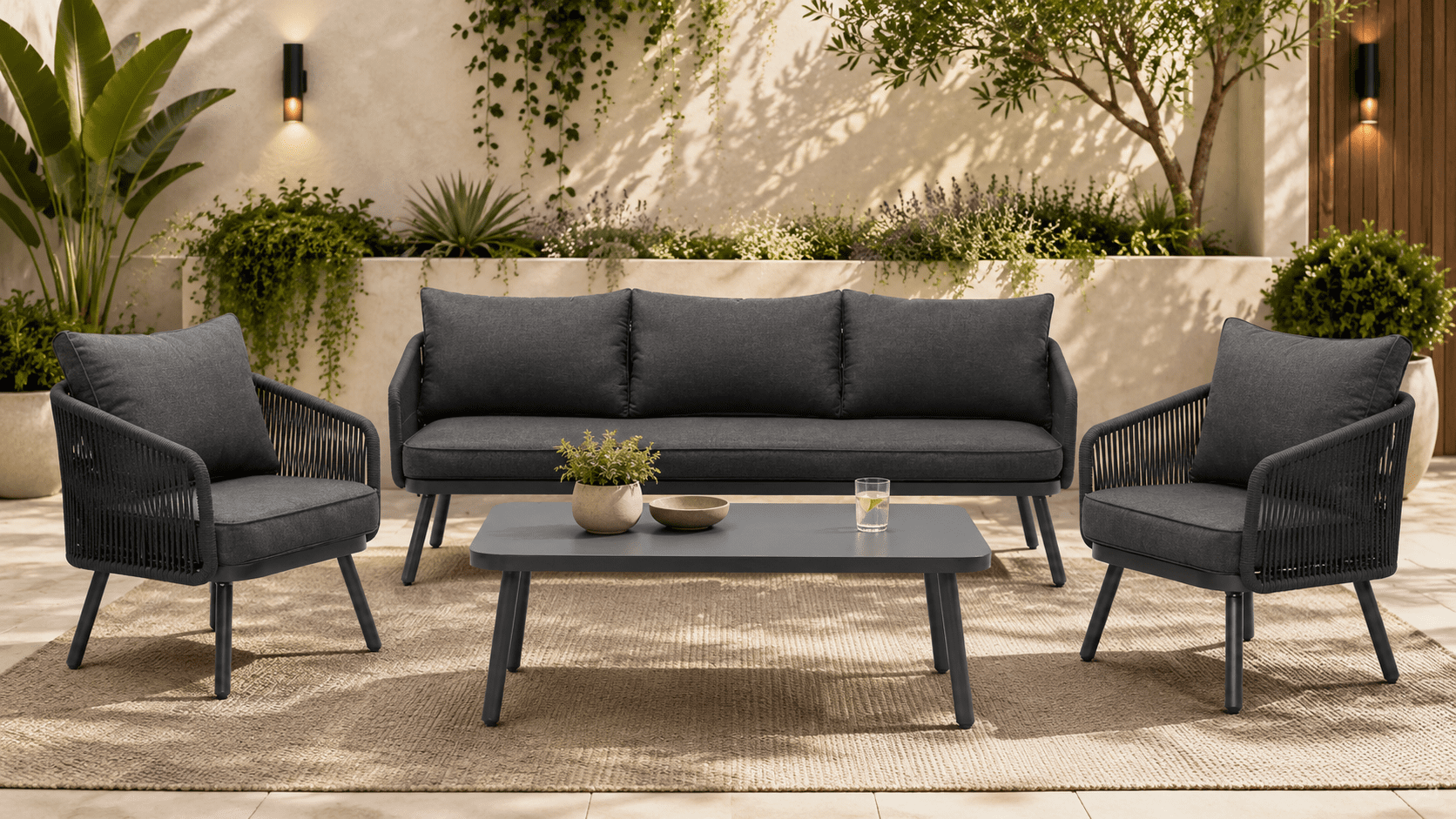 10677dd0-6e04-42db-ba18-6bf0a27681ea Arcadia 3+1+1 Seater Outdoor Aluminium and Rope Lounge Set with Coffee Table - Image 1