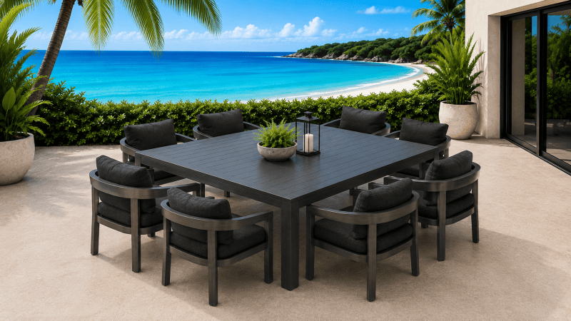Avalon Square Dining Table with 8 Dover Dining Chairs -Gunmetal