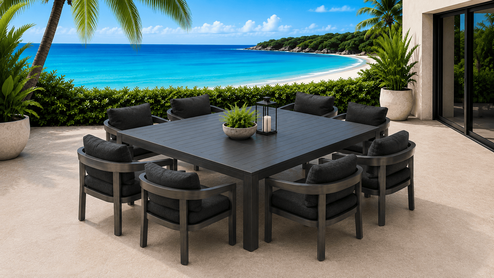 111 Avalon Square Dining Table with 8 Dover Dining Chairs -Gunmetal - Image 1