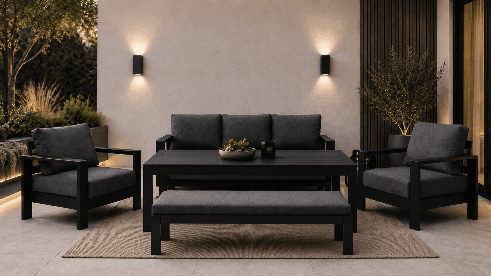 1965800e-6b1d-47f4-af72-f702d534dd27 Maya 3+1+1 Seater Outdoor Aluminium Lounge and Dining Setting-Gunmetal - Image 1