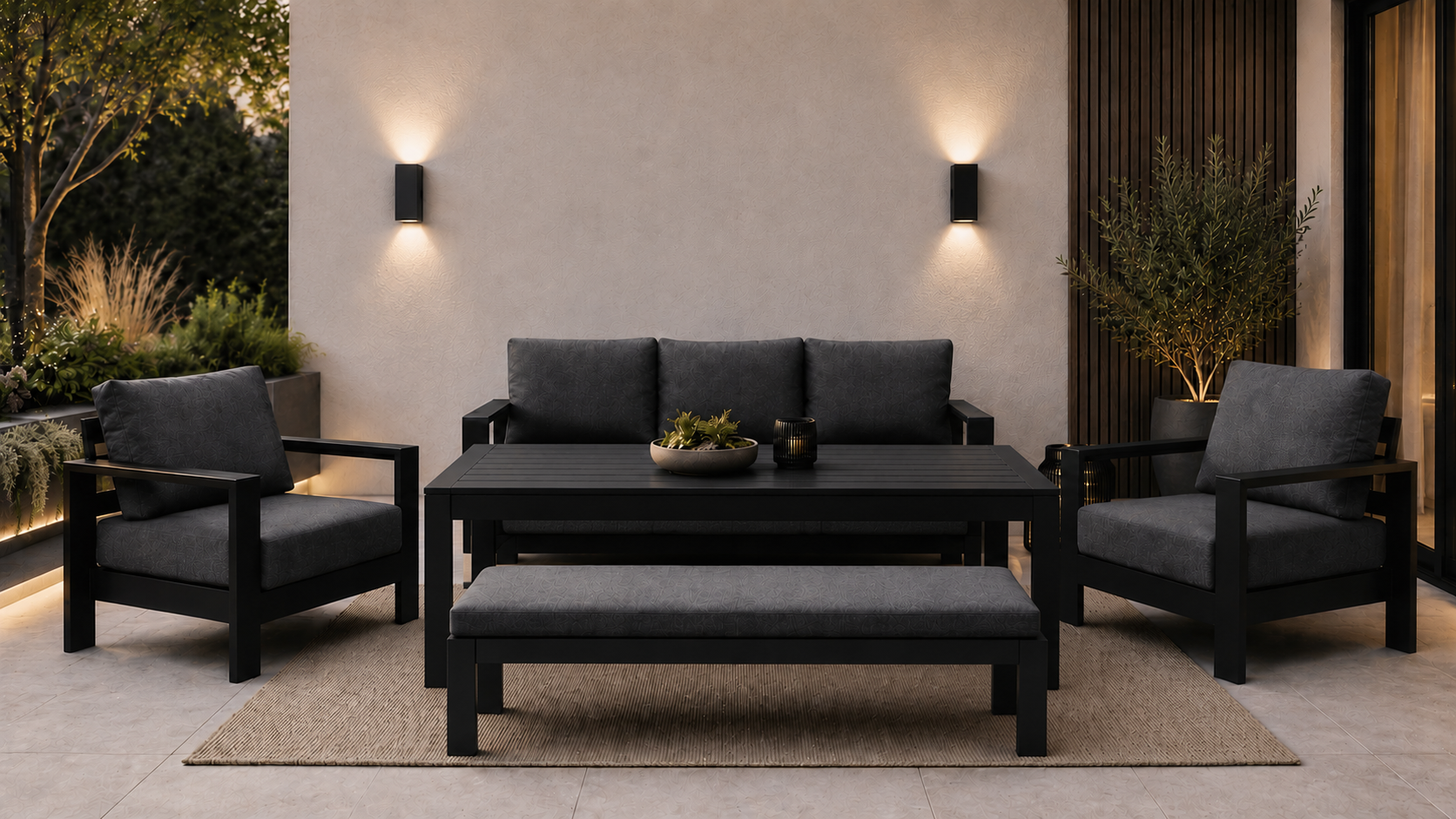 1965800e-6b1d-47f4-af72-f702d534dd27 Maya 3+1+1 Seater Outdoor Aluminium Lounge and Dining Setting-Gunmetal - Image 1