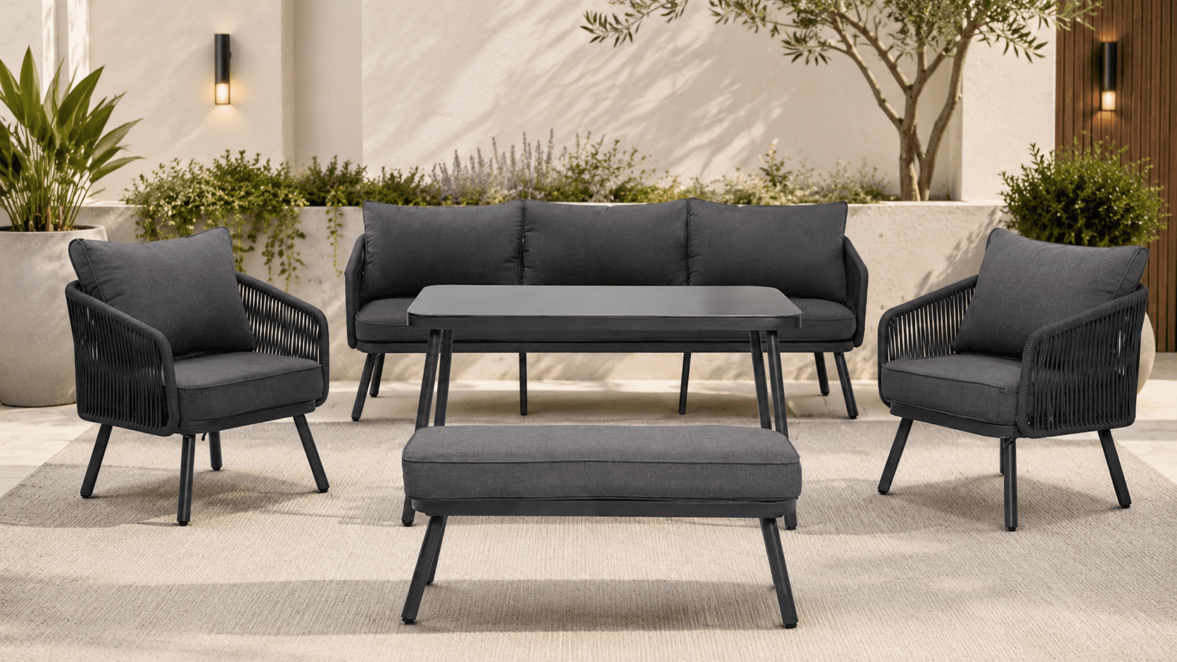 21e8b8d6-11f2-4d85-9d83-c77f5f2fc12b Arcadia 3+1+1 Seater Outdoor Aluminium and Rope Lounge and Dining Setting - Image 1