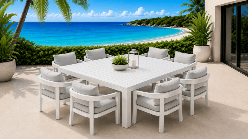 Avalon Square Dining Table with 8 Dover Dining Chairs -White