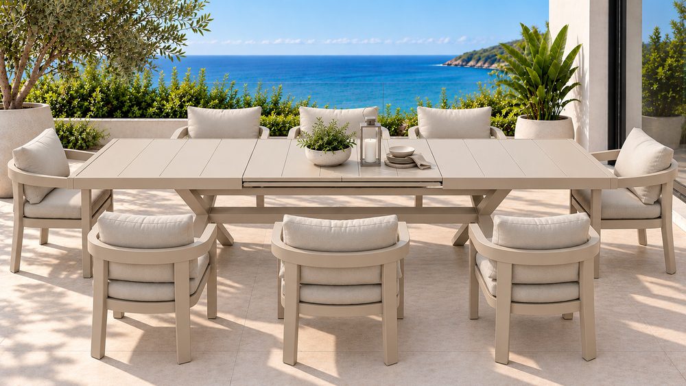 3311 Beige Dural Extension Table & Dover Dining Chairs – 9 pcs – Beige - Image 1