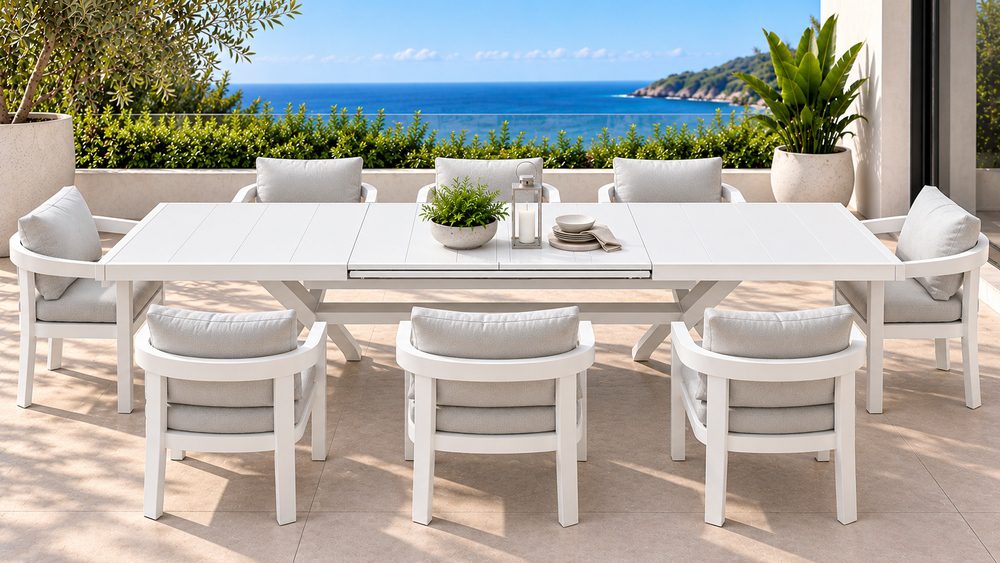 3311 white Dural Extension Table & Dover Dining Chairs – 9 pcs – White - Image 1