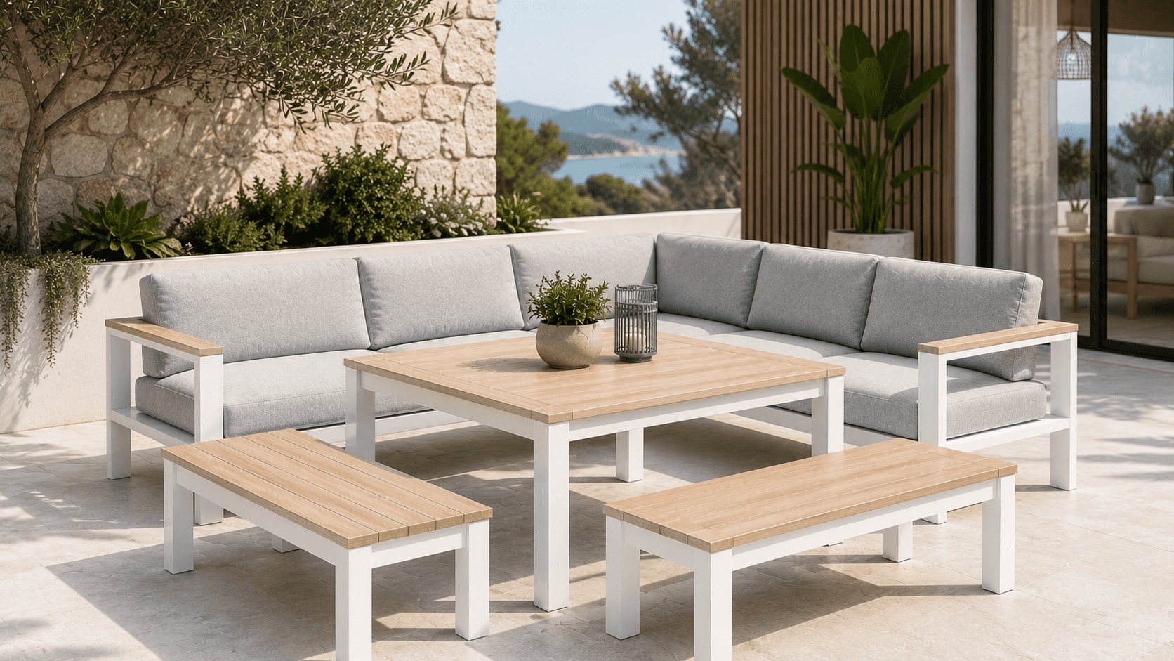 3cb9f1b5-c4e4-4915-8b07-0b0c453651f6 Maya Outdoor Aluminium Casual Lounge and Dining Set White - Image 1