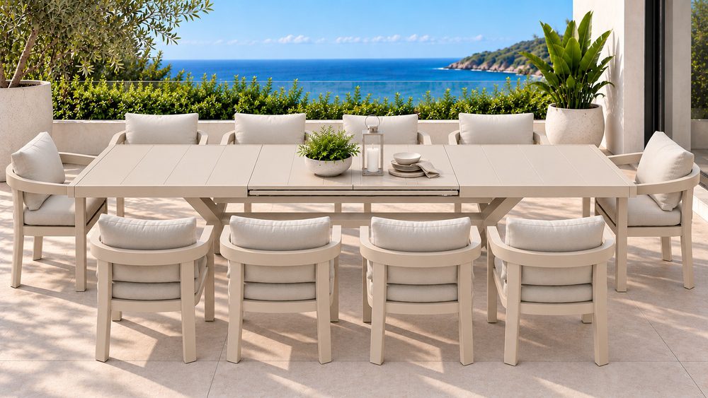 4411 Beige Dural Extension Table & Dover Dining Chairs – 11 pcs – Beige - Image 1