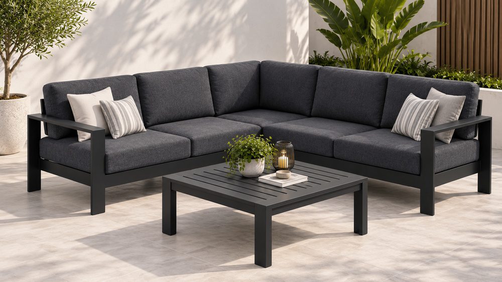 5_seater_corner_lounge_1000x563 Maya 5 Seater Aluminium Corner Outdoor Lounge Set & Coffee Table – Black - Image 1