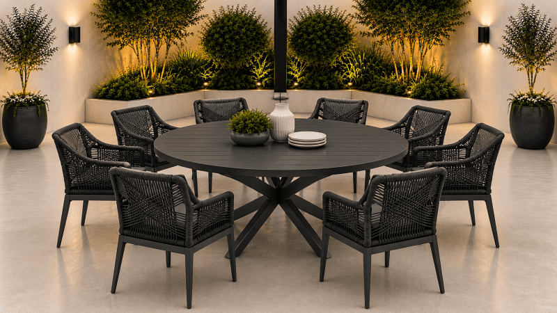 Gabriella Round Aluminium Table with 8 Boston Chairs – Gunmetal Frame Charcoal Rope