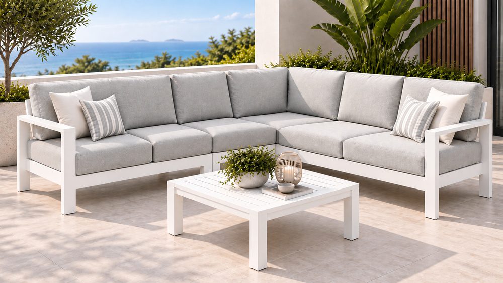 6_seater_white_corner_lounge_1000x563 Maya 6 Seater Aluminium Corner Outdoor Lounge Set & Coffee Table – White - Image 1