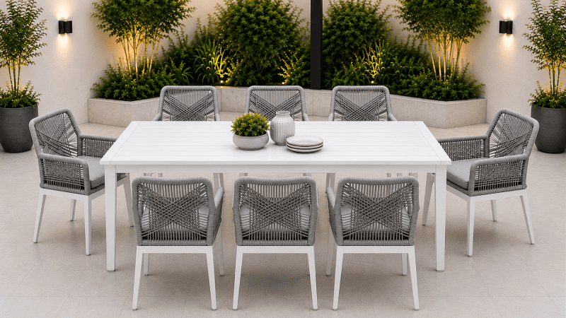 Boston 9 pcs Outdoor Dining Set– White Frame Grey Rope