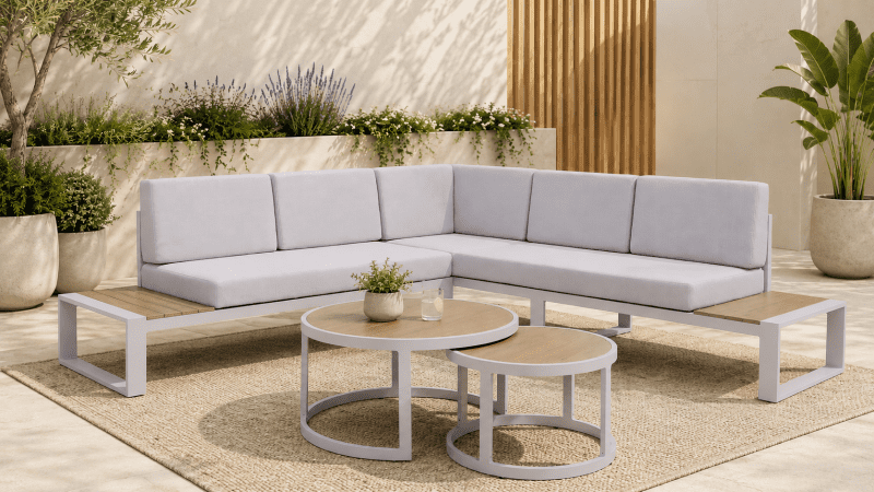 Norma 5 Seater Outdoor Platform Lounge Setting & Two Round Coffee Tables