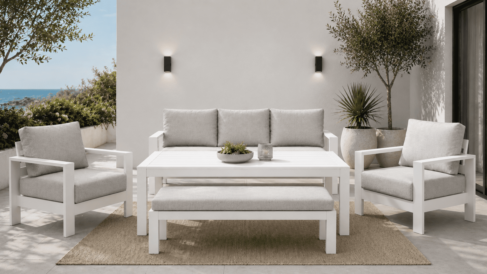 89F5784A-0F26-4A50-A6F7-1A116C04BFAC Maya 3+1+1 Seater Outdoor Aluminium Lounge and Dining Setting-White - Image 1