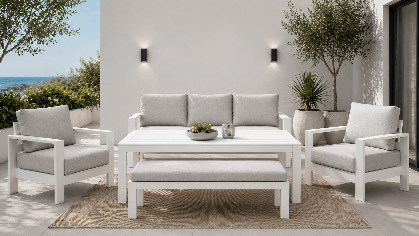 89F5784A-0F26-4A50-A6F7-1A116C04BFAC Maya 3+1+1 Seater Outdoor Aluminium Lounge and Dining Setting-White - Image 1