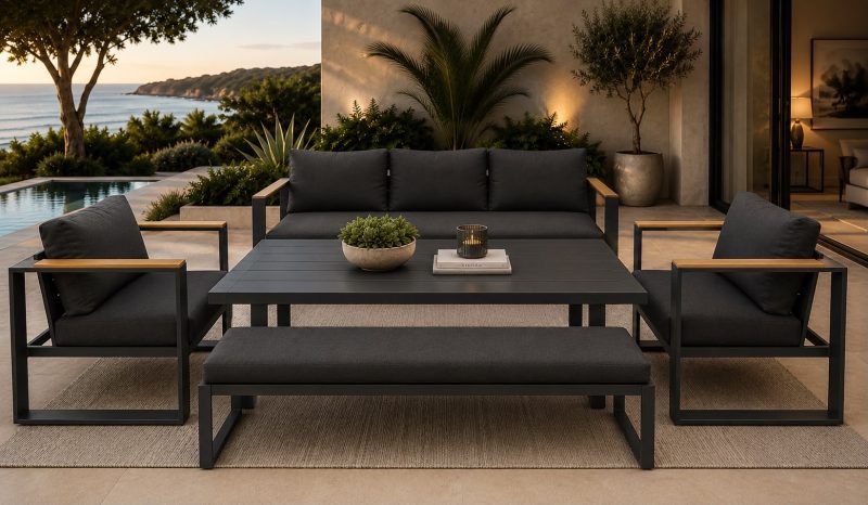 Abbotsford 3+1+1 Seater Outdoor Aluminium Lounge and Dining Setting-Charcoal