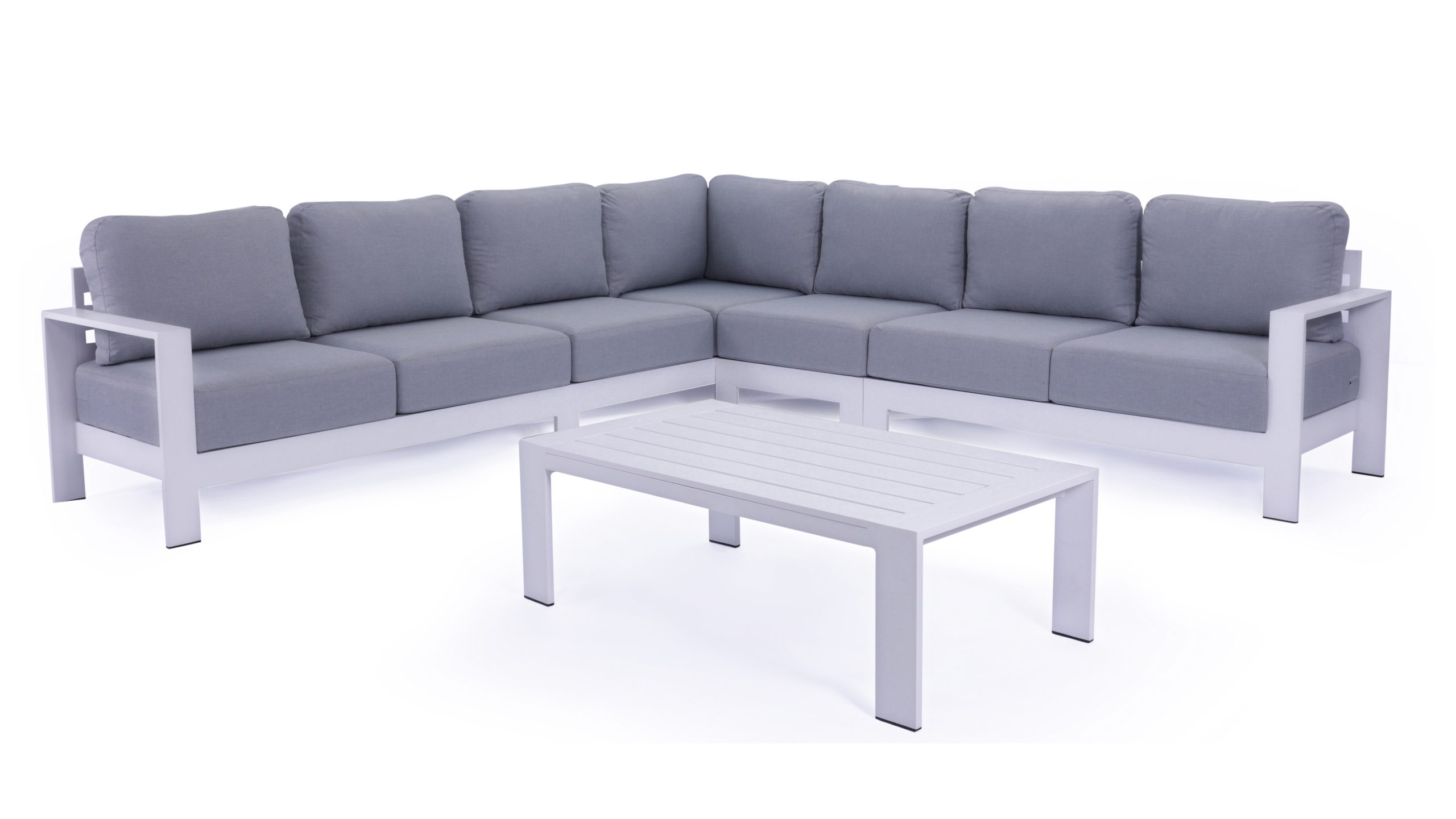 9A2A7904 Maya 7 Seater Aluminium Outdoor Lounge Set & Coffee Table – White - Image 1
