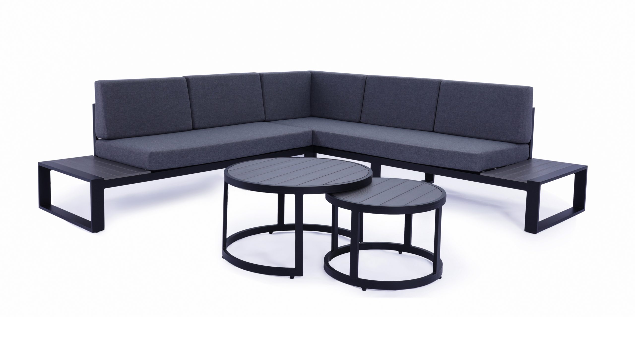 9A2A8045 Norma 5 Seater Outdoor Platform Lounge Setting & Two Round Coffee Tables -Black - Image 1