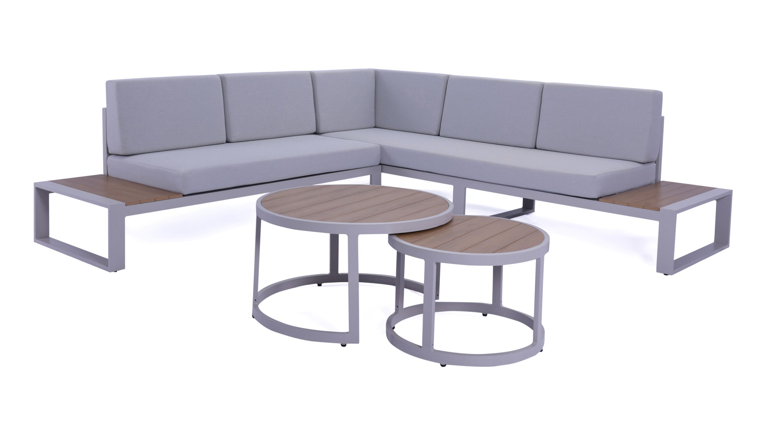 9A2A8064 Norma 5 Seater Outdoor Platform Lounge Setting & Two Round Coffee Tables - Image 1