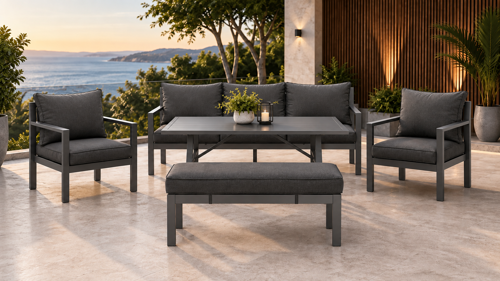 9f257f4e-89e1-490f-b47a-19d94c483d62 Aspen 3+1+1 Seater Outdoor Aluminium Lounge and Dining Setting-Gunmetal - Image 1