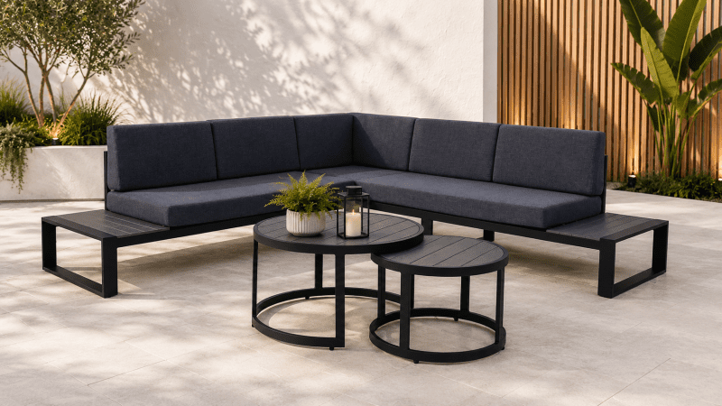 Norma 5 Seater Outdoor Platform Lounge Setting & Two Round Coffee Tables -Black