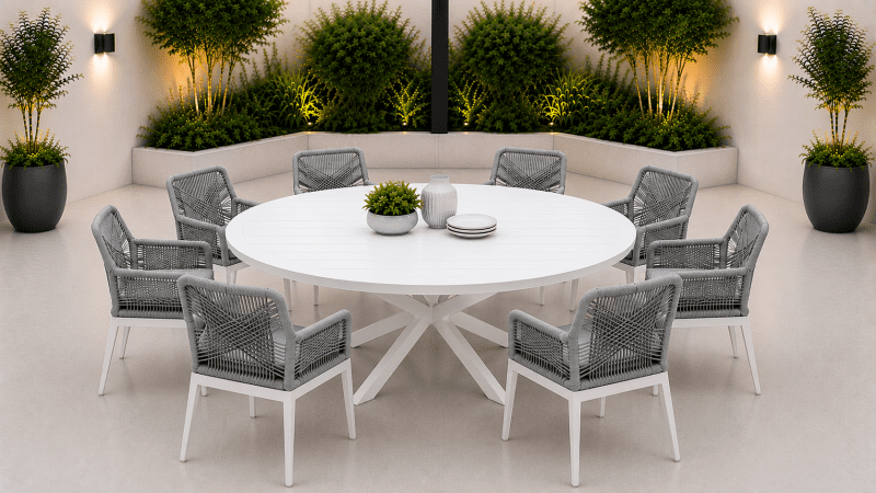 Gabriella Round Aluminium Table with 8 Boston Chairs - White Frame Grey Rope