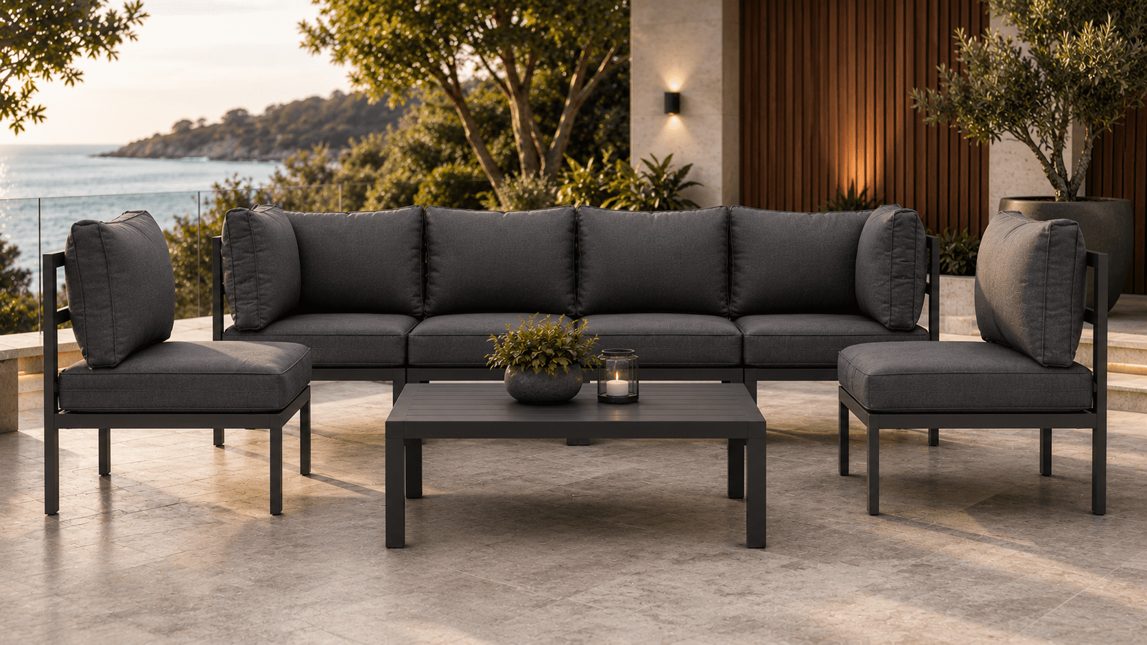 c8e98e17-a7cd-4ede-9dd3-a658325d6f0b Aspen 7 Pieces Aluminium Outdoor Lounge Large Coffee Table Set – Gunmetal - Image 1