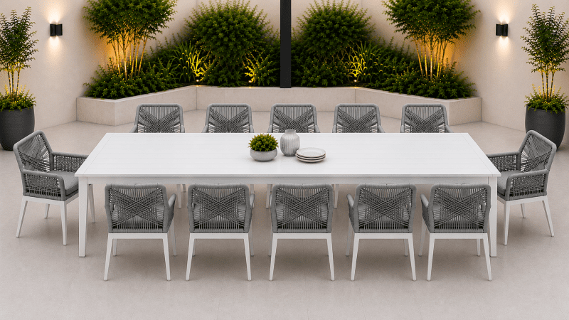 Boston 13 pcs Outdoor Dining Set – White Frame Grey Rope