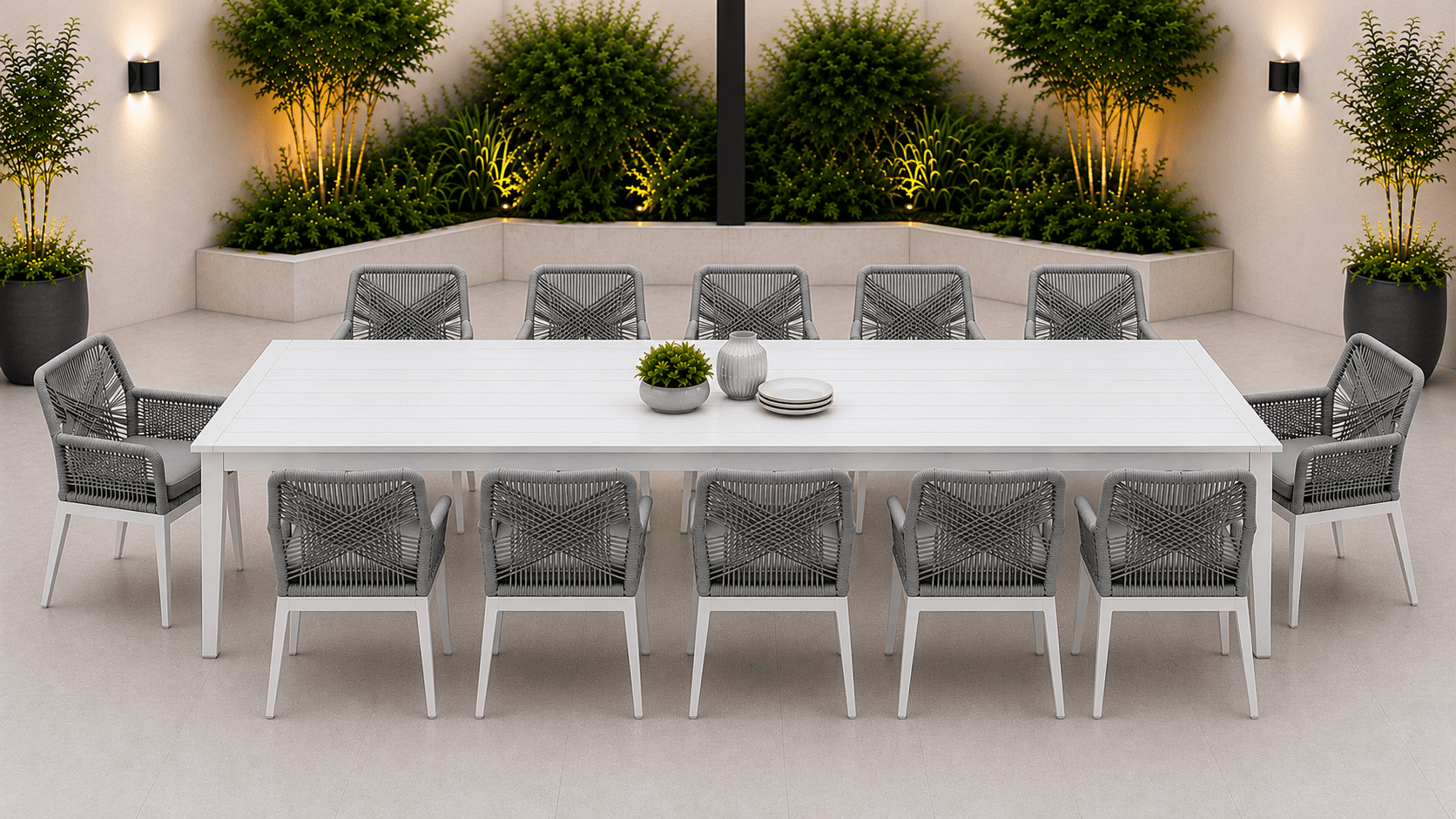 ef18e2fb-a047-4b9d-a809-1c31a6d74235 Boston 13 pcs Outdoor Dining Set – White Frame Grey Rope - Image 1