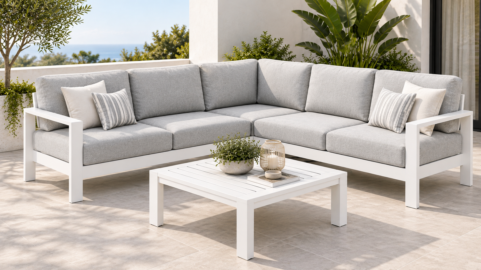 f7fdabd0-cdc3-4dd9-a295-2f56266b346e Maya 5 Seater Aluminium Corner Outdoor Lounge Set & Coffee Table – White - Image 1