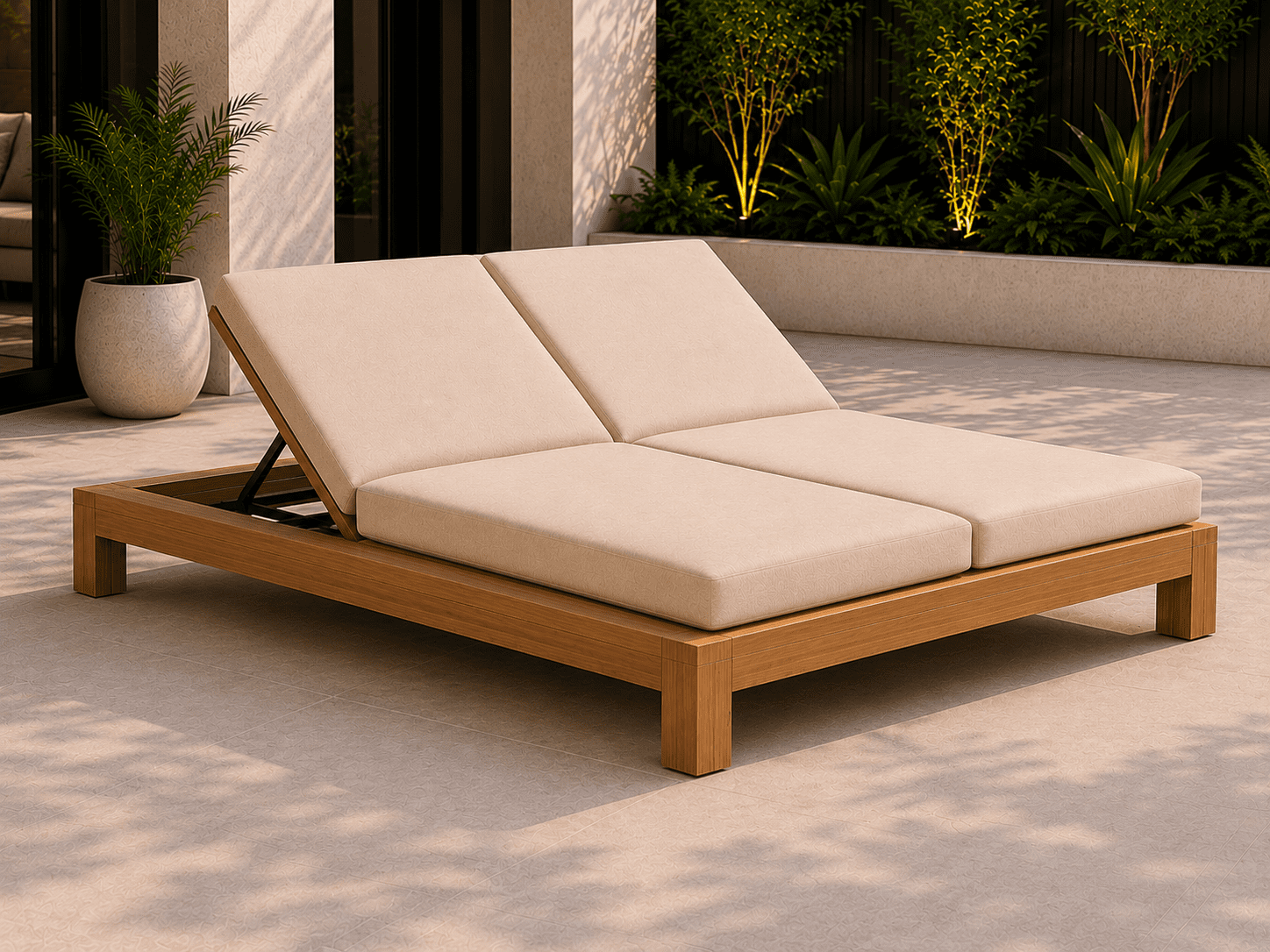 long enough Maya Aluminium Outdoor Double Sun Lounge - Wooden Look - Image 1