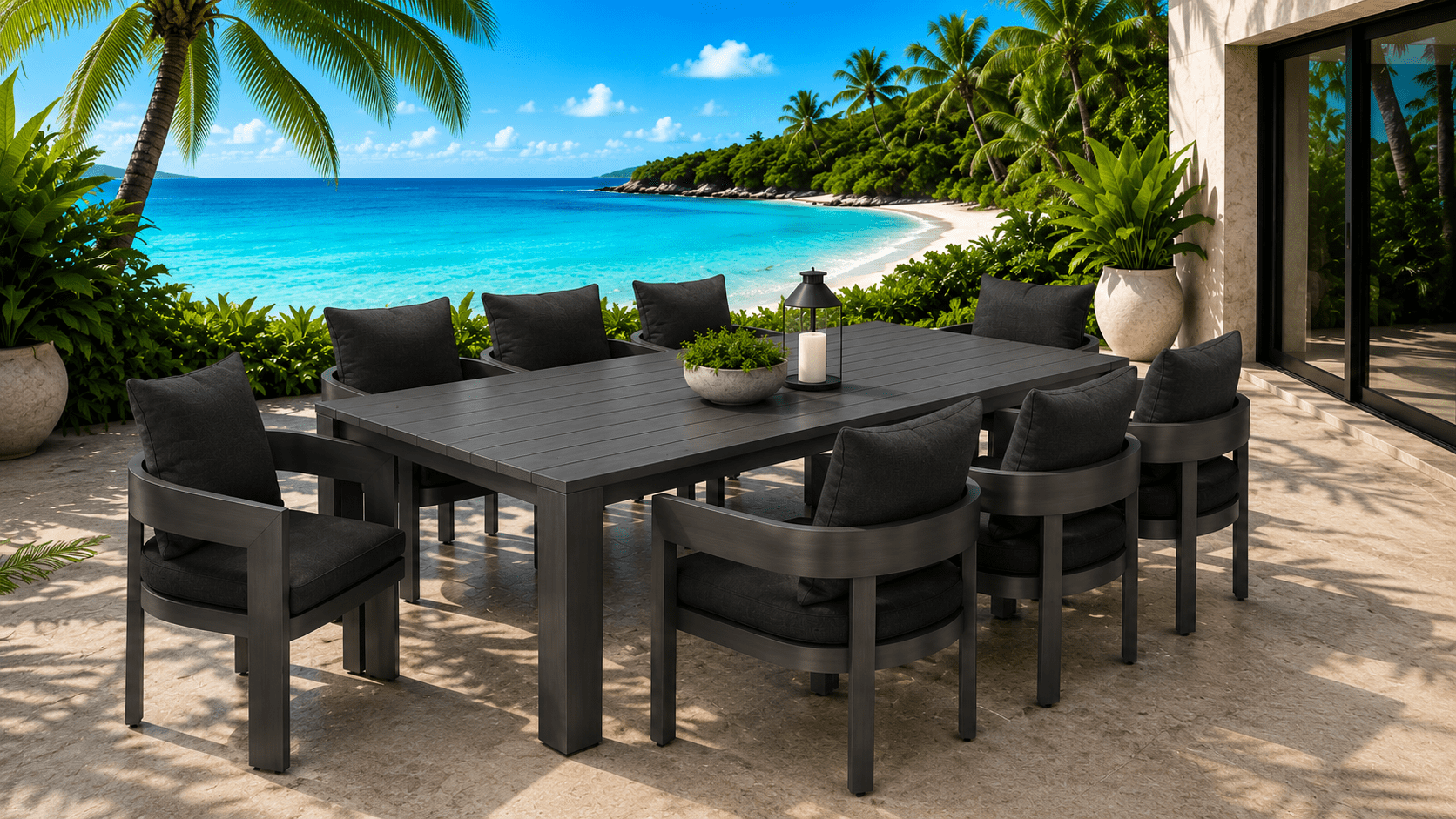 new Dining 1000x563 new 2.4 m Avalon Dining Table with 8 Dover Dining Chairs -Gunmetal - Image 1